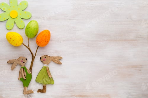 Preview: Spring And Easter Decor. Wooden Symbols Bunny, Flowers And Butterflies.