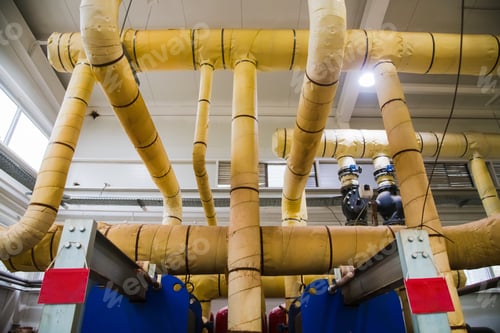 Preview: Closeup Of Manometer, Pipes And Faucet Valves Of Heating System In An Industrial Boiler Room. City