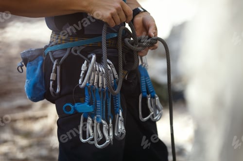 Preview: Numerous Of Climbing Quickdraws On The Harness Of Climber, Close-Up.