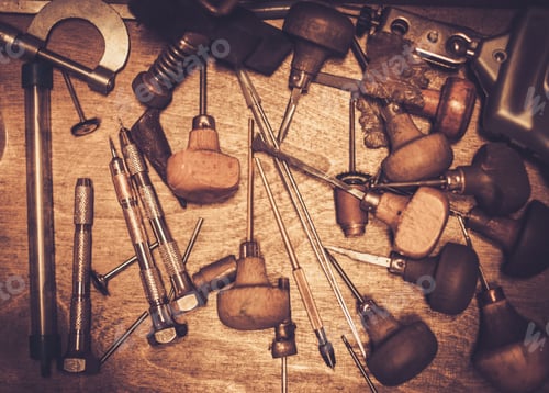 Preview: Different Goldsmiths Tools On The Goldsmith Workplace.