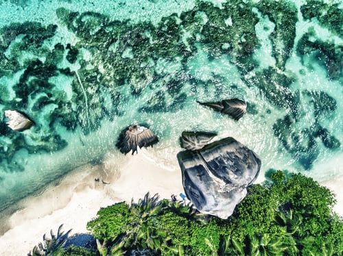 Preview: Coastline Of La Digue Island, Seychelles Aerial Overhead View.