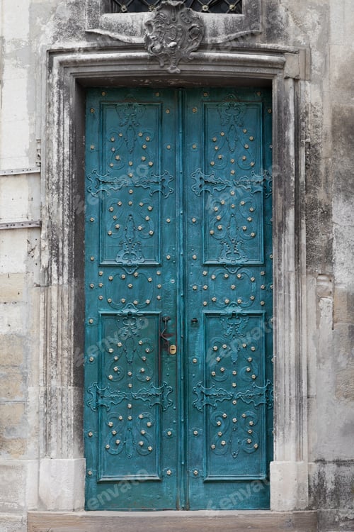 Preview: Vintage Entrance Door Decorated With Wrought Iron
