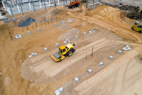 Preview: Tractor Roller Ramming The Ground For A Construction Site Top View.