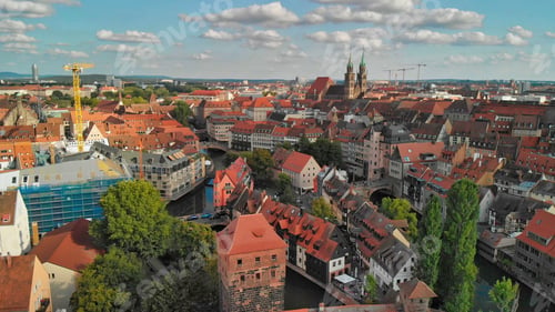 Preview: Nuremberg, Germany. Drone Aerial View From A Vantage Viewpoint Along City River.