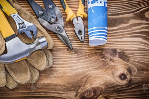 Preview: Construction Plan Safety Gloves Claw Hammer Gripping Tongs Steel Cutter Adjustable Wrench On Wooden