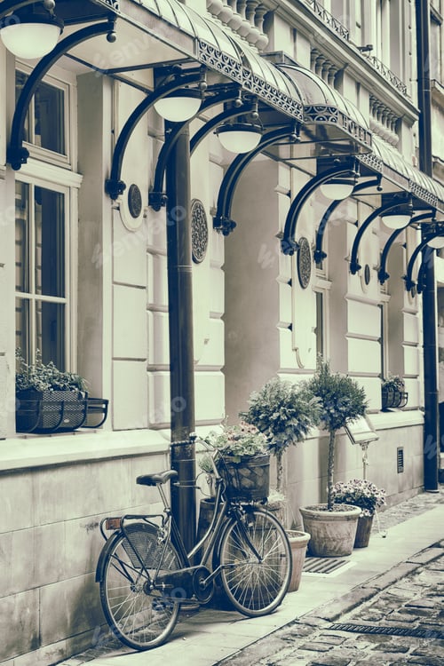Preview: Vintage Stylized Photo Of Old Bicycle Carrying Flowers Outdoors