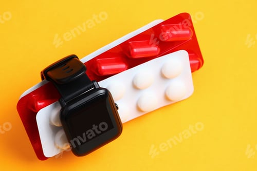 Preview: Smart Watch And Pills On A Yellow Background. Medication Reminder Concept