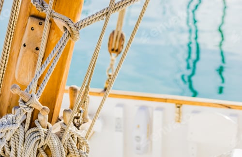 Preview: Old Sailing Boat Wooden Mast With Mooring Nautical Ropes.