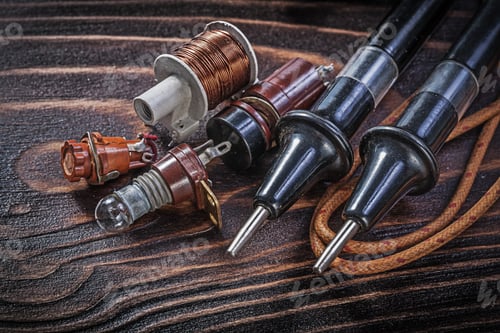Preview: Composition Of Vintage Electrical Tools On Wooden Board Electricity Concept.