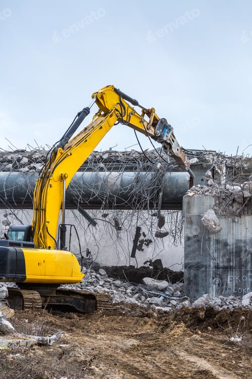 Preview: Professional Demolition Of Reinforced Concrete Structures Using Industrial Hydraulic Hammer. Rods