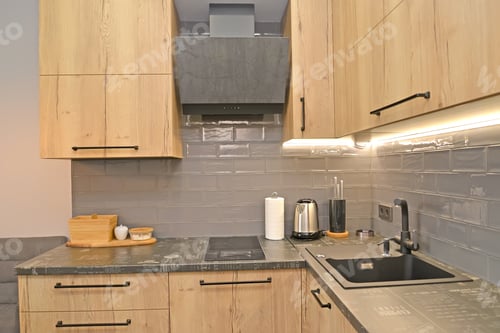 Preview: Fragment Of The Furnishings In The Kitchen. Modern Minimalism With Loft Elements