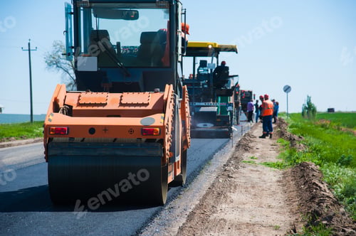 Preview: Workers On A Road Construction, Industry And Teamwork, New Asphalt