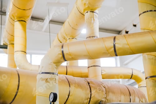 Preview: Closeup Of Manometer, Pipes And Faucet Valves Of Heating System In An Industrial Boiler Room. City