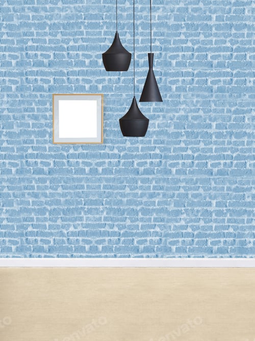 Preview: Blue Brick Wall with Lighting and Picture Frame