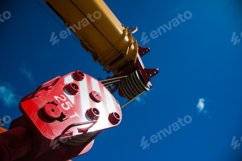 Preview: Mobile Construction Cranes With Yellow Telescopic Arms And Big Tower Cranes In Sunny Day. Heavy