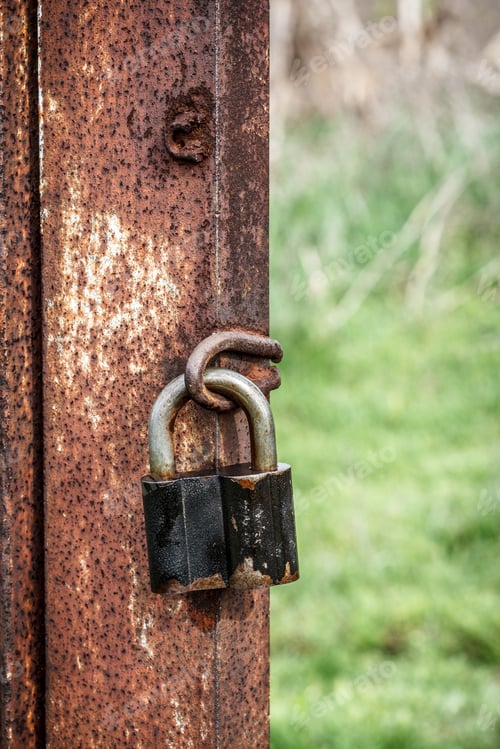 Preview: The Old Padlock Hangs On A Column Of An Iron Rusty Fencing With Green Yard On The Background.