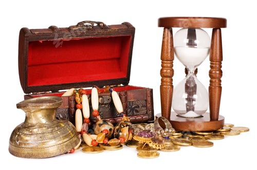 Preview: Hourglasses And Coin Isolated On White Background