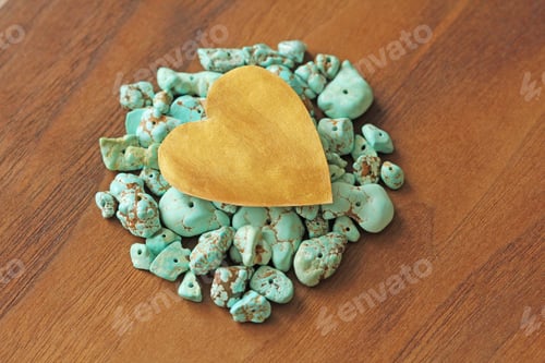 Preview: Turquoise Stones On A Background Of Natural Wood Black Walnut. Blue Color Stone. Collection Of