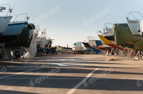 Preview: Boats Laid Up In A Parking Lot For The Winter Being Prepared For A New Season.