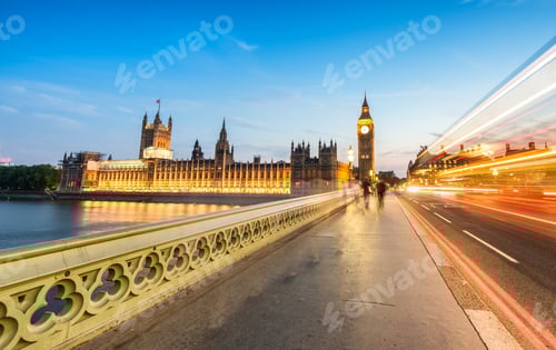 Preview: Bus Light Trails Across Westminster Bridge With Blurred Moving People Towards Big Ben.
