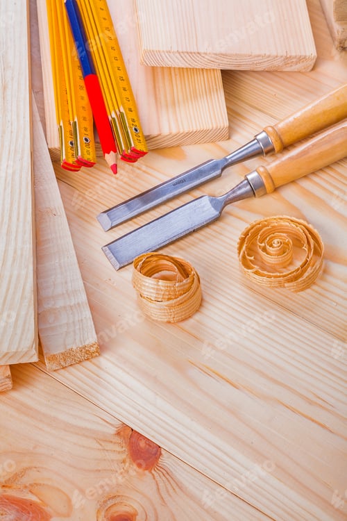 Preview: Joinery Composition Chisels Wooden Meter Pencil On Boards