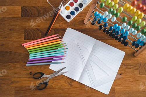 Preview: Back To School. Items For The School On A Dark Wooden Table. School Supplies On Dark Board