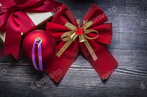 Preview: Christmas Glittery Ball Bow Gift Box On Wooden Board.