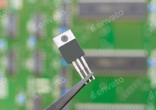Preview: Electronic Component Held With Tweezers Over A Green Motherboard