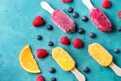 Preview: Home Made Ice Cream With Berries, Orange Over Blue Wooden Background. Top View