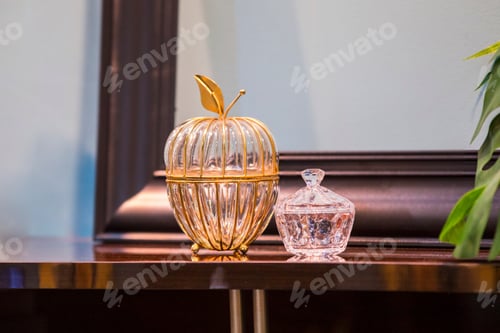 Preview: Crystal Refined Expensive Vases, Glass Vessels For Sugar And Salt. Crystal Vase With Shaped Cap In
