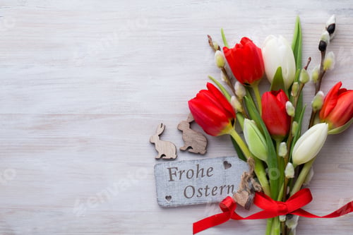 Preview: Red Tulips, Spring Flowers And Easter Decoration.