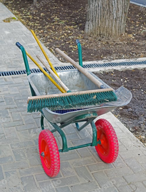Preview: Garden Metal Wheelbarrow Cart With Shovel And Brushes