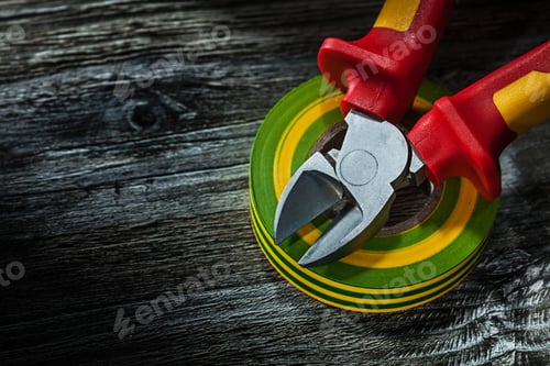 Preview: Insulation Tape Cutting Pliers On Wooden Board.