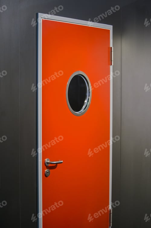 Preview: Red Door To The Kitchen For A Restaurant Or Ship Design, A Red Door With A Porthole, A Round