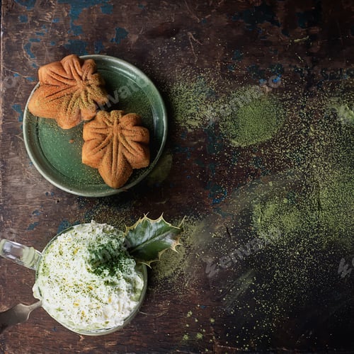 Preview: Green Matcha Latte Decorated With Matcha Powder Tea, Served With Whipped Cream And Traditional