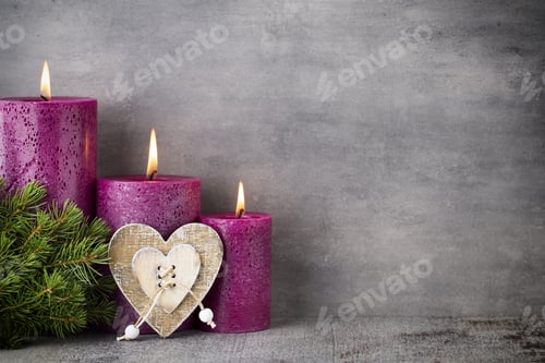 Preview: Three Purple Candles On Gray Background, Christmas Decoration. Advent Mood.