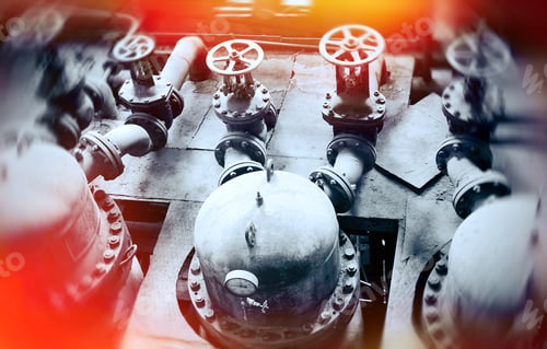 Preview: Industrial Factory. Various Mechanisms And Metal Pipes. Toned Image. Motion Blur Effect.