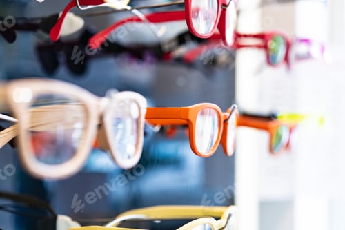 Preview: Close Up Of Eyeglasses For Sale Hanging In Shop Window, Selective Focus