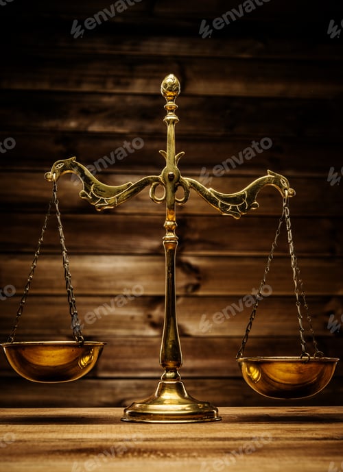 Preview: Brass Scales Over Wooden Background