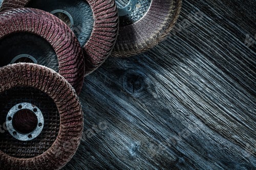 Preview: Set Of Rotary Abrasive Discs On Wooden Board.