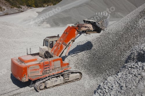 Preview: Large Red Excavator Loads Gravel In A Bucket, View From Above, Closeup. Quarry Equipment. Mining