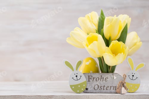 Preview: Yellow Tulips, Spring Flowers And Easter Decoration.