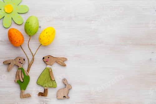 Preview: Spring And Easter Decor. Wooden Symbols Bunny, Flowers And Butterflies.