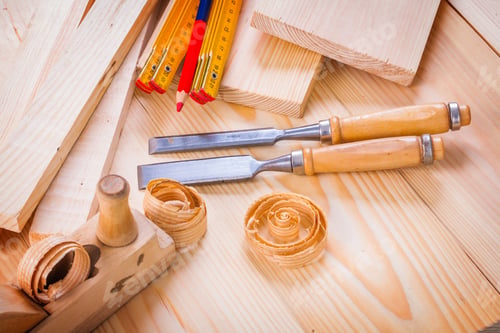Preview: Woodworkers Plane Chisels Wooden Meter Pencil Shavings On Wooden Boards