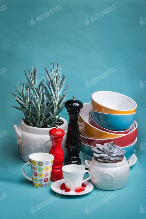 Preview: Kitchen Objects Arrangement On A Blue Background