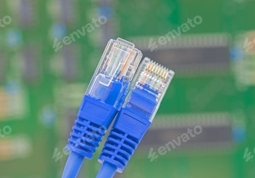 Preview: Blue Network Connector Wire On Background Electronic Circuit Board