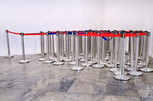 Preview: Tape Security At The Airport. Red And Blue Tape Fence Barricade Line To People To Queue Up The Line