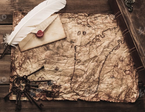 Preview: Bunch Of Old Keys, Book And Envelope On A Vintage Map