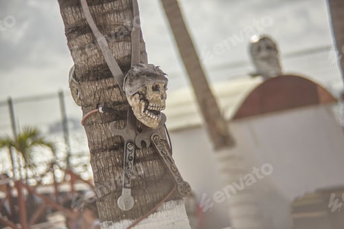 Preview: Skull And Pair Of Knives Attached To A Palm Tree: Symbol Of Death And Pirates.