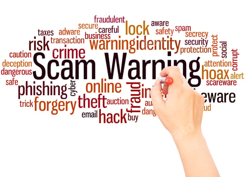 Preview: Scam Warning Word Cloud Hand Writing Concept On White Background.